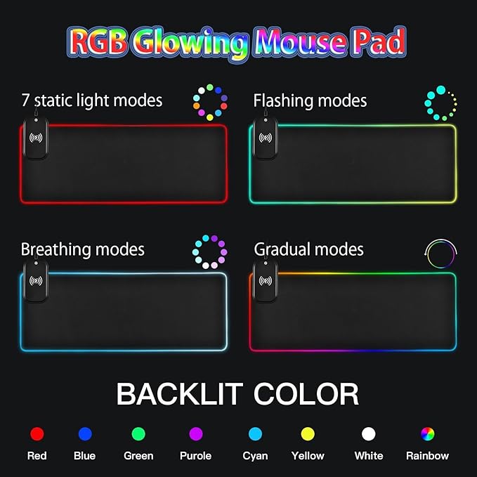 Black Mouse Pad Gaming Mousepad Non Slip Desk Mat Wireless Charging Computer Mouse Pads RGB Keyboard Mats Pad for Office Desktop Home 35.4 x 15.7 in