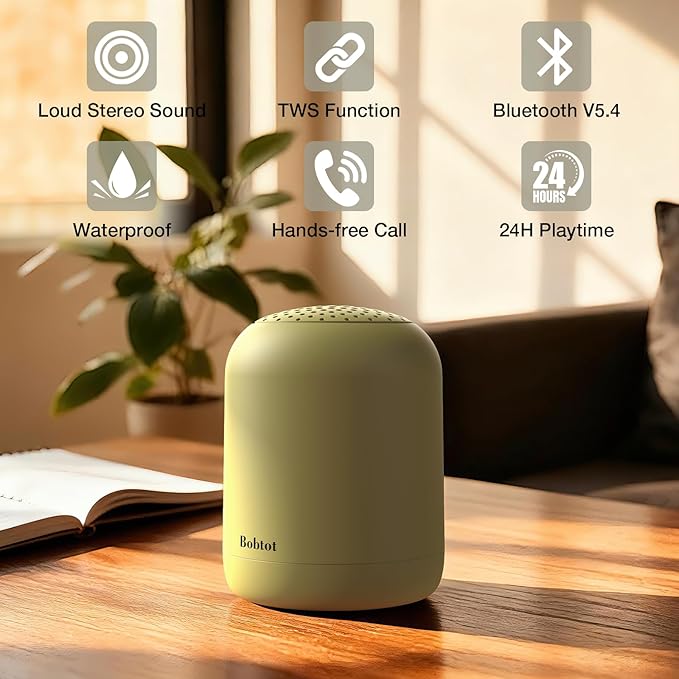 Bobtot Portable Bluetooth Speakers Wireless Waterproof Shower Speaker with 24H Playtime Loud Stereo Sound TWS Built-in Microphone Small Size with Carry Lanyard Yellow