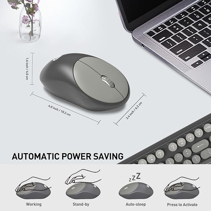 Wireless Keyboard and Mouse Combo 2.4 GHz Wireless Full-Sized Typewriter Keyboard with Round Keycaps for Windows Computer Desktop PC Laptop (Grey)