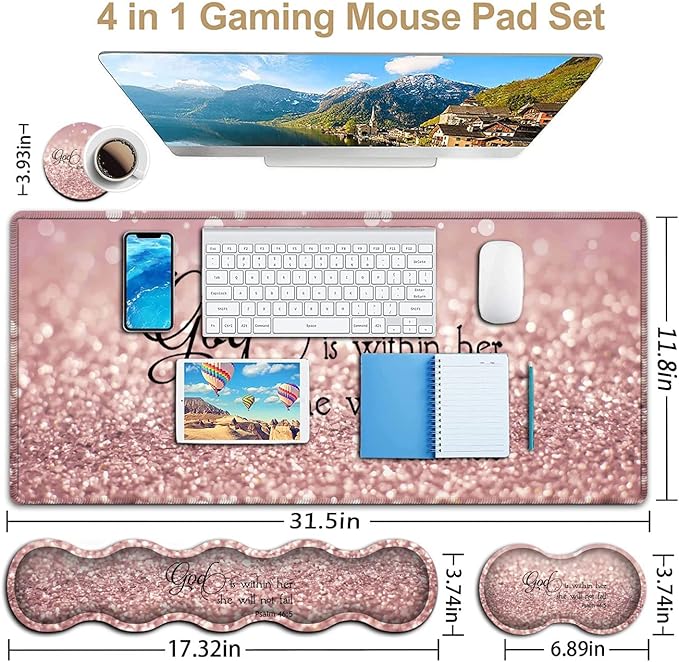 Large Mouse Pad Desk Mat Keyboard Pad+ Ergonomic Keyboard Wrist Rest SetExtended Laptop Protector Writing Mat for Home Office Desktop Psalm 46:5 Pink Gaming Mouse Pad Office Desk Pad Wrist Rest