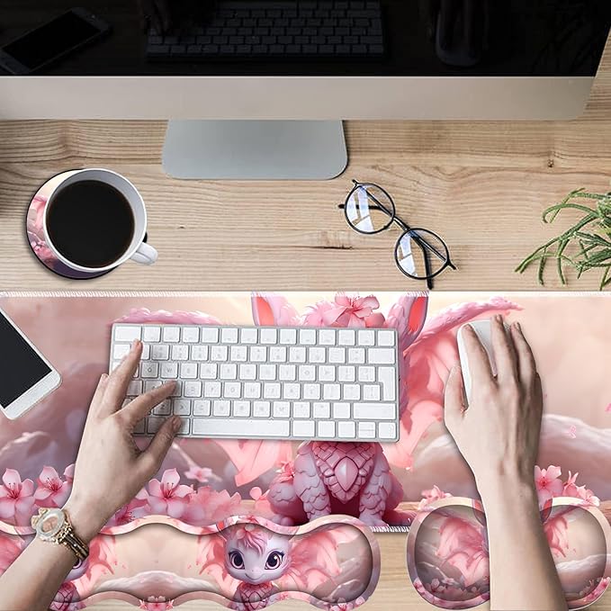 Gaming Mouse Pad Set Large Gaming Mouse Pad+Keyboard Wrist Rest+Mouse Wrist Rest+Coaster Easy Typing Pain Relief 31.5 × 11.8 inch Desk Mat for Home Office - Sakura Dragon