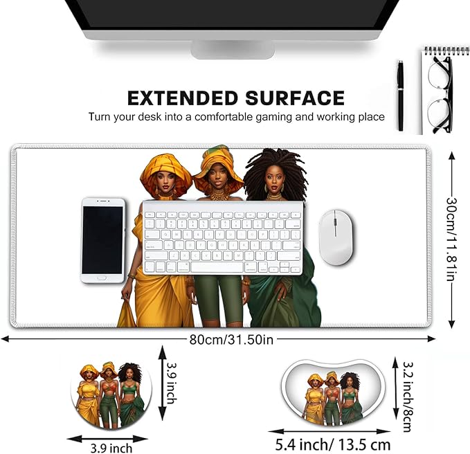 Large Mouse Pad with Mouse Wrist Rest 31.5x11.8 in Extended Mouse Mat Ergonomic Memory Foam Wrist Rest for Work &amp Gaming Writing Pad African American Women Black Girl Pattern White Office Desk