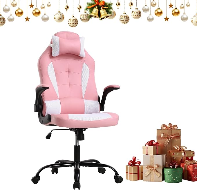 Gaming Chair for Adults - Big and Tall Office Chair With Lumbar Support Ergonomic PU Leather Computer Racing Chair Pink