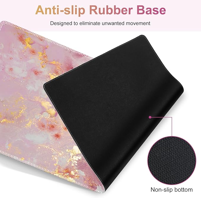 Gaming Mouse Pad Keyboard Wrist Support 4 in1 Mousepad Set with Wrist Keyboard Rest Computer Desk Mat Non-Slip Desk Pad Protector with Memory Foam Easy Typing Pain Relief I Nice Pink Marble