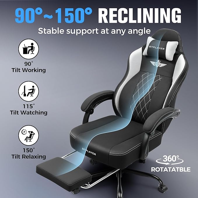 GTPLAYER Big and Tall Gaming Chair Breathable Fabric Computer Chair with Strong Lumbar Support Comfortable Office Chairs with Pocket Spring Cushion High Back Ergonomic Desk Chairs with Footrest