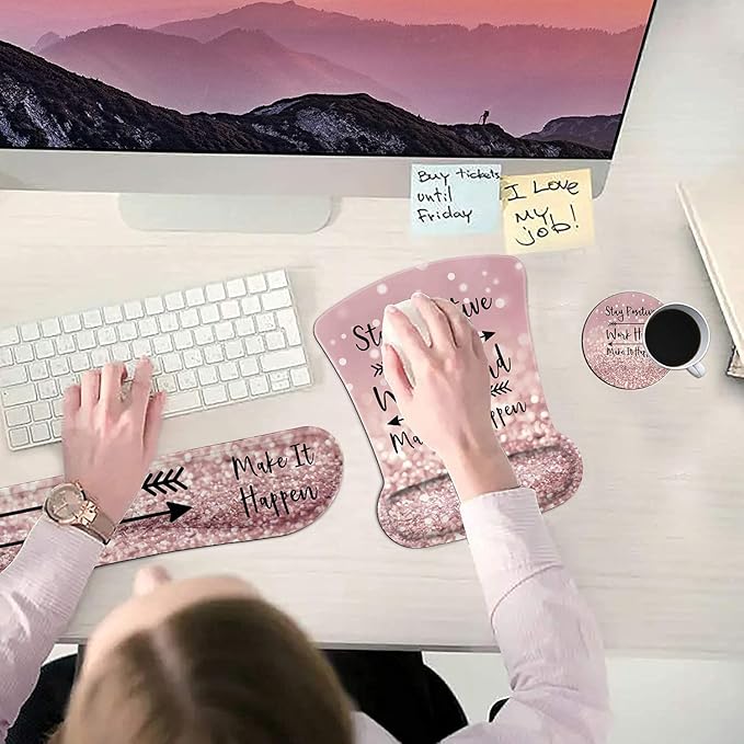 Ergonomic Mouse Pad Wrist Support Gel and Keyboard Wrist Rest Set Stay Positive Work Hard and Make It Happen Pink Glitter Design for Laptop Gaming and OfficeComfortable and Pain Relief + Coaster