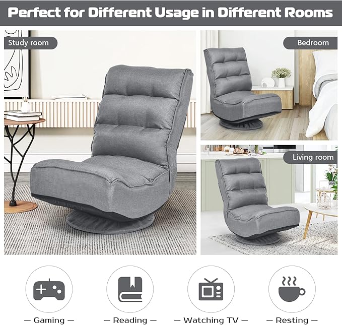 COSTWAY Folding Floor Chair Adjustable 5-Position Video Gaming Chair with 360 Degree Swivel Detachable Cover Padded Backrest Multipurpose Living Room Floor Lounger for TV Reading Playing (Grey)
