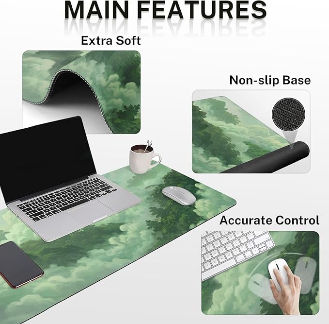 Britimes Green Cloud Keyboard Mouse Pad Set Forest Mountain Aesthetic 4in1 Large Mousepad+Keyboard Wrist Rest+Mouse Wrist Rest+Coaster Ergonomic Design for Home Office Computer 35.4x15.7 inches