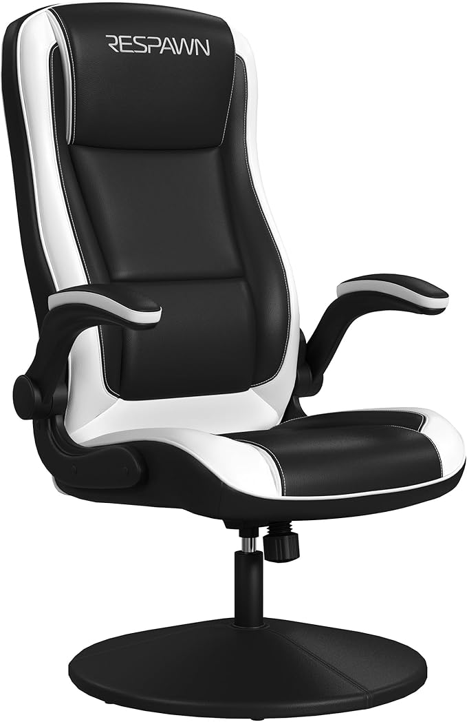 RESPAWN 800 Swivel Rocker Gaming Chair - Ergonomic Floor Gaming Seat with Lumbar Support Flip Up Armrest High Back Pedestal Base Comfortable No Wheels Console Video Game Rocker Chair - White