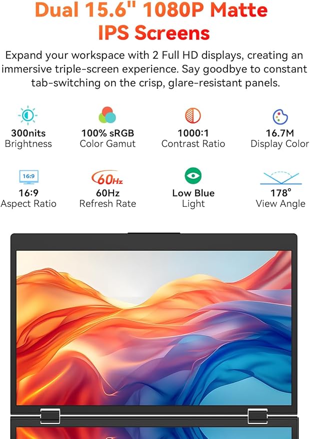 HotYeah Triple Laptop Screen Extender 15.6 1080P FHD IPS Folding Stacked Portable Dual Monitor USB C Travel Extended Computer Display w/VESA 180°Rotation Plug &amp Play for Laptops (Windows Only