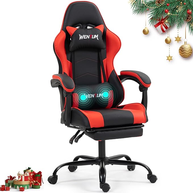 Gaming Chair with Footrest for Adults - PU Leather Video Game Chair w/Massage Lumbar Support for Men Women Ernogomic Computer Gamer Chair for Home Office Height Adjustable Red