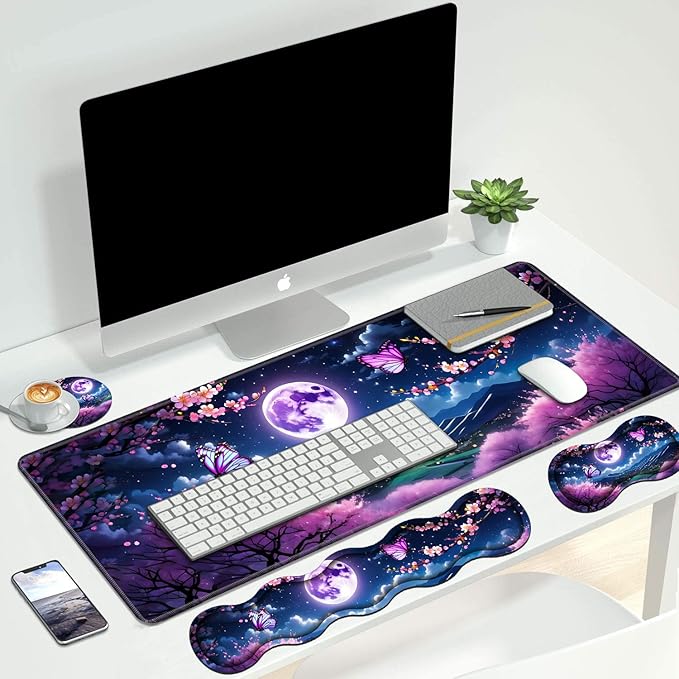 4 in 1 Ergonomic Keyboard Wrist Rest &amp Mouse Pad Wrist Rest Set Large XXL Gaming Desk Mat 31.5x 11.8 with Non-Slip Base Memory Foam for Home Office Study Gaming Moon Cherry Blossom Butterfly