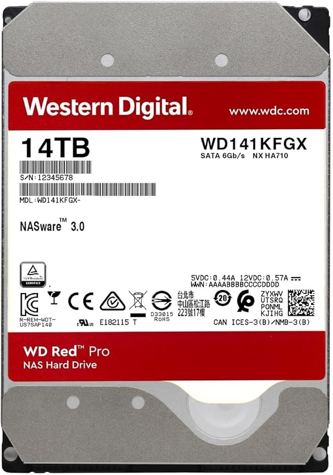 Western Digital 14TB WD Red Pro NAS Internal Hard Drive HDD - 7200 RPM SATA 6 Gb/s CMR 512 MB Cache 3.5 - WD141KFGX
