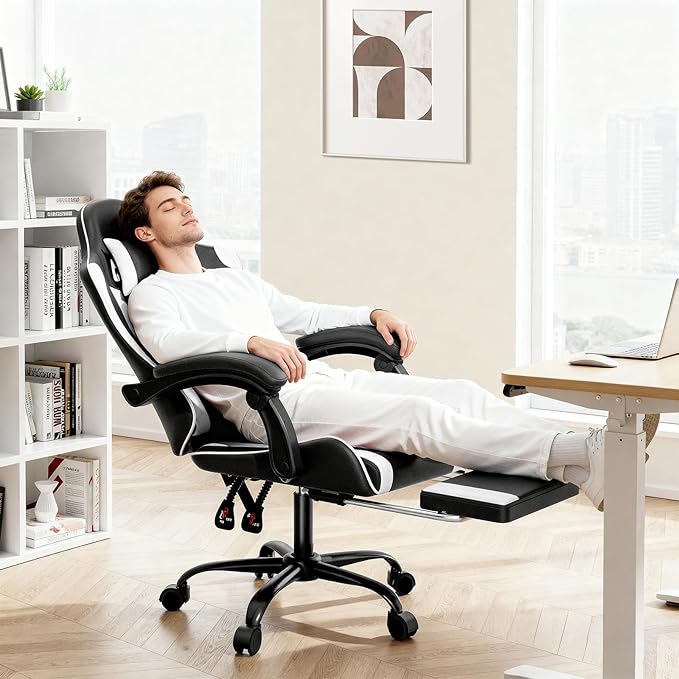 MoNiBloom Gaming Chair with Headrest &amp Lumbar Support Ergonomic Computer Racing Chair with Footrest Adjustable Hight Leather Swivel Computer Chair for Adult Teen Office or Gaming White