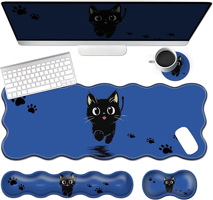 4-in-1 XXL Gaming Mouse Pad Set (31.5x11.8) with Keyboard Wrist RestMouse Wrist Support &amp CoasterNon-Slip Desk Mat for Office、Home、GamingCute Black Cat