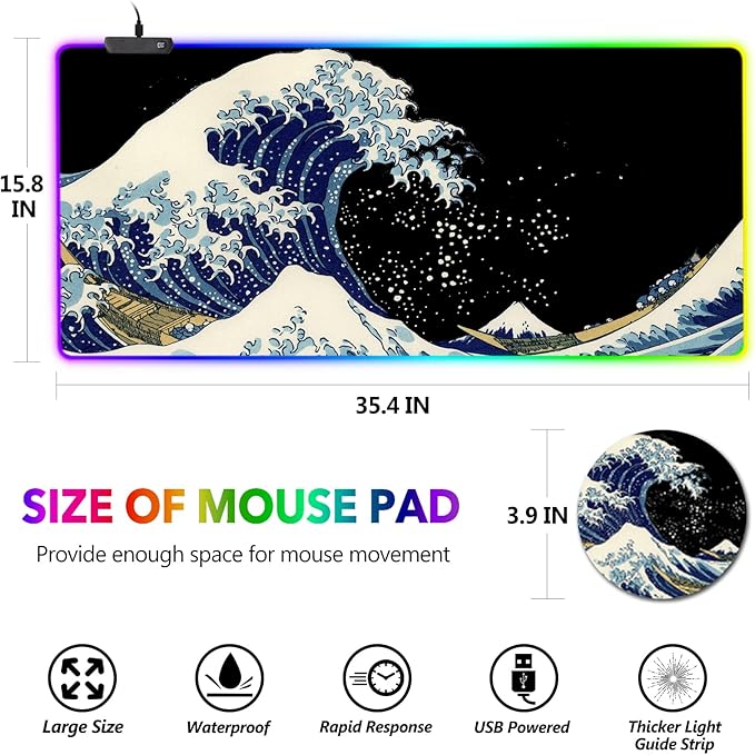 RGB Gaming Mouse Pad Large AIMSA Keyboard Led Mousepad Extended 35.4 x 15.8 inch Non-Slip Rubber Base with 14 Lighting Modes Big Desk Mat Waterproof Big Waves