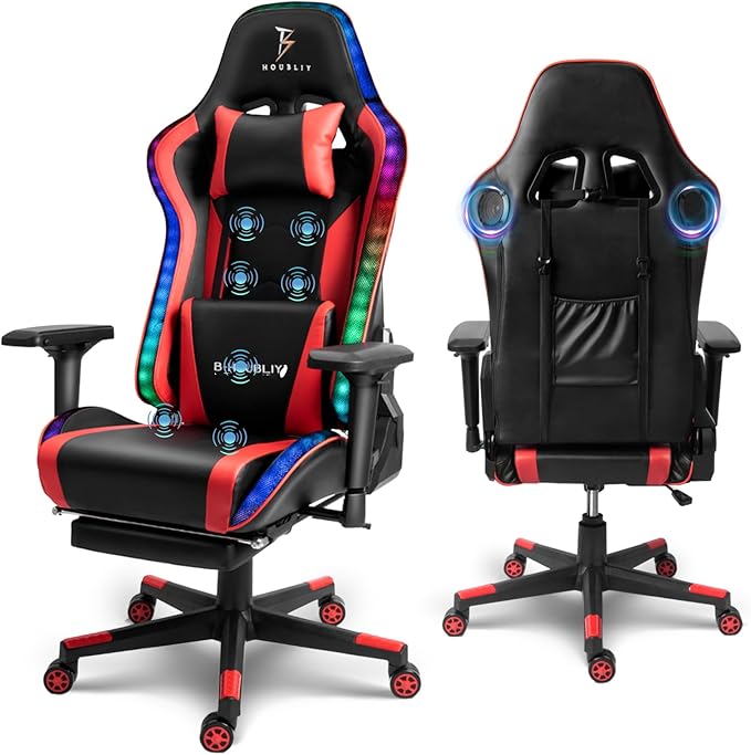 XOOFMASS Gaming Chair Massage Office Chair Gamer Chair PU Leather Racing Chair with Speakers &amp RGB LED Lights Ergonomic Computer Chair with Footrest &amp Lumbar Support for Adults TeenRed
