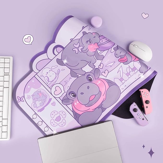 BelugaDesign Baby Hippo Desk Mat | Kawaii Cute Anime Pygmy Zoo Animal | Cartoon Keyboard PC Laptop Pastel Large Gaming Setup Accessories Mouse Pad | Machine Washable Blotter Protector Purple Gray