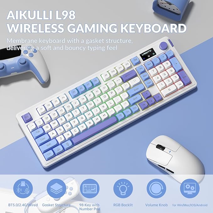 L98 Wireless Gaming Keyboard Cute Creamy Keyboard with Number Pad Tri-Mode BT5.0/2.4GHz/USB-C RGB Backlit Quiet Office Computer Keyboards for PC Laptop