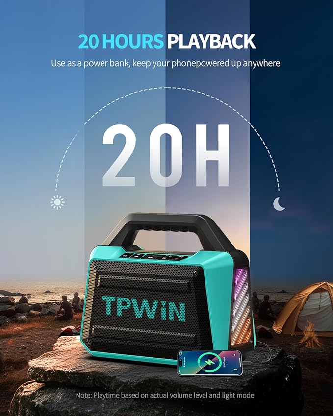Powerful 80W Outdoor Bluetooth Speaker: IPX6 Waterproof Rugged 20H Playtime Deep Bass Lightshow TWS BT 5.3 Wireless Portable for Travel Hiking Camping Beach Pool - Teal