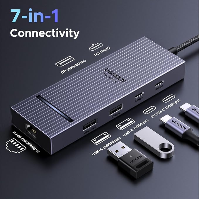 UGREEN Revodok Pro 7 in 1 USB-C Hub to DisplayPort 4K 60Hz 100W Power Delivery 10Gbps USB-A and USB-C 3.2 for MacBook Pro/Air iPad Pro Thinkpad Rog Ally and More.