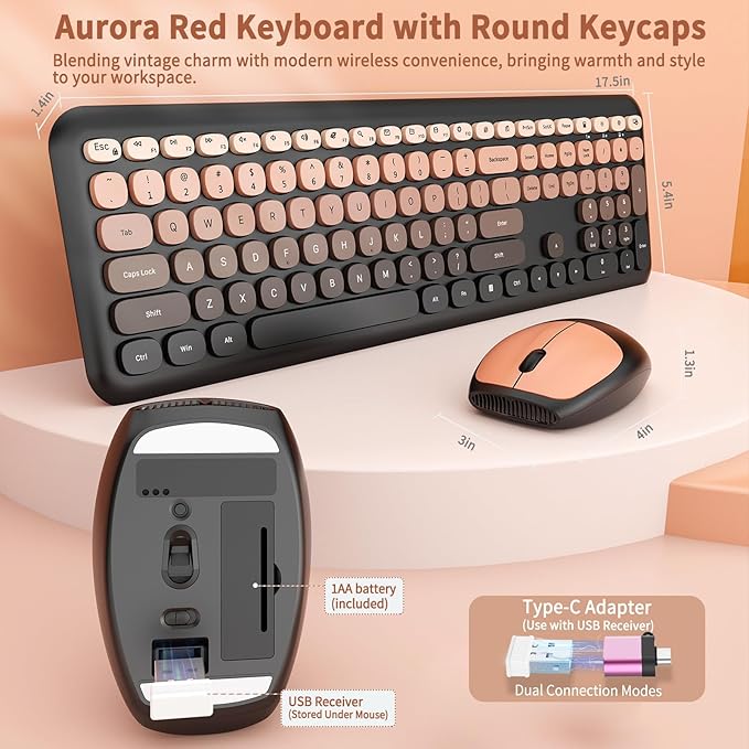 HotFox Wireless Keyboard and Mouse Combo Full-Size Retro Typewriter Keyboard with Round Keycaps Ergonomic Design for Windows PC Home and Office Use -Red