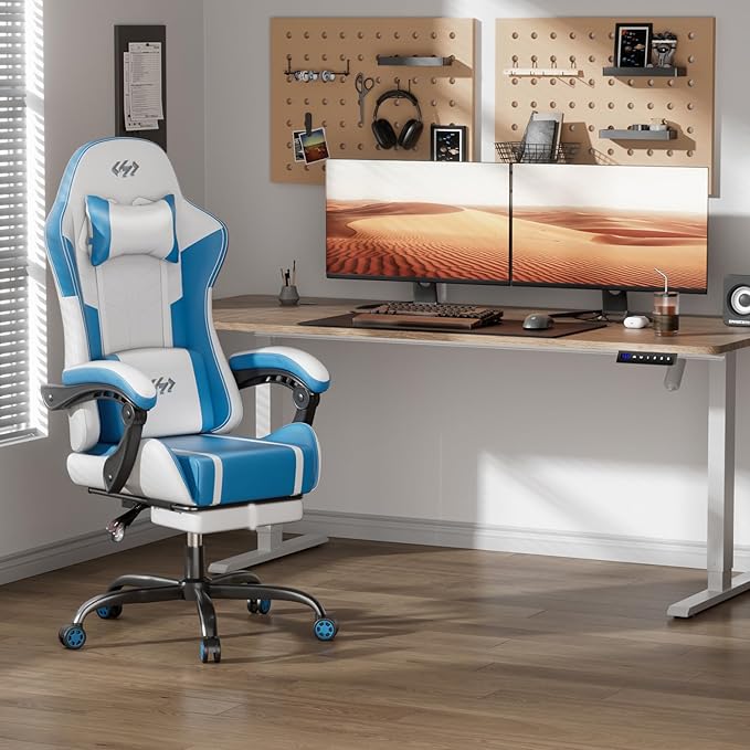 HLDIRECT Gaming Chair Ergonomic Video Game Seat with 360° Swivel &amp Lumbar Massage Computer Chair PU Leather Cushion for Adults Home/Office Use (Whtie &amp Blue)