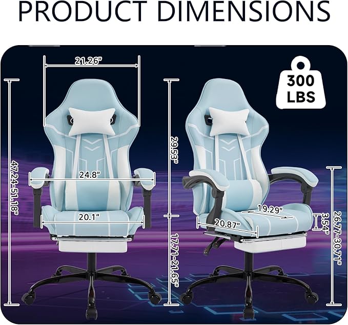 Ergonomic Gaming Chair with Massager Big and Tall Computer Chair with Reclining Footrest Swivel Game Chairs for Adults Home Office (Leather (Blue&ampWhite)