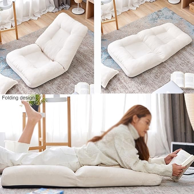 Floor Chair Back Support Folding Sofa Adjustable Positions Padded Lazy Sofa with Pillow Breathable Floor Gaming Chair for Reading Bedroom(White)