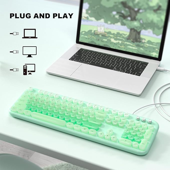 Wired Keyboard with Backlit Light Up Computer Keyboards with Multimedia Keys Full Size Wired Keyboard With Illuminated LED Plug and Play Anti-Wear Letters for Laptop Desktop- Green Colorful