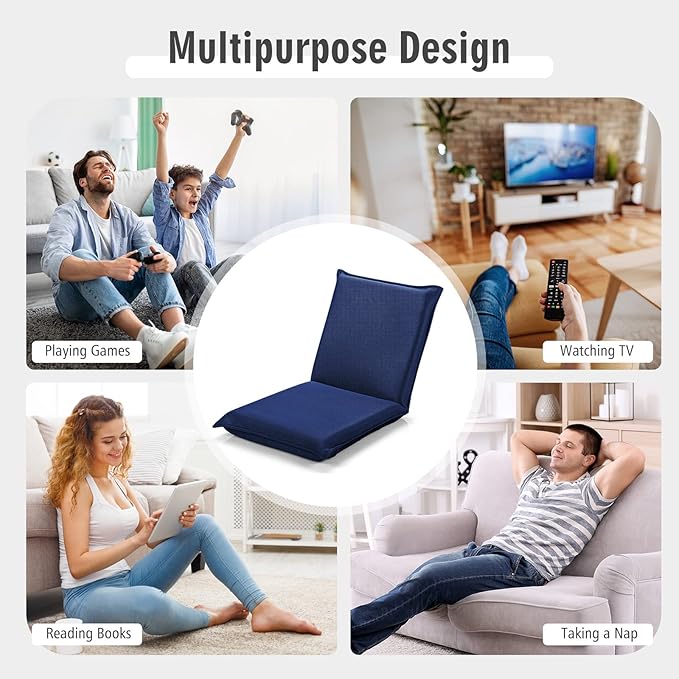 MAT EXPERT Adjustable Floor Chair 6-Position Mesh Floor Gaming Chair Folding Lazy Sofa Padded Lounger Recliner Cushioned Floor Chair with Back Support for Reading Meditating (Navy Blue)