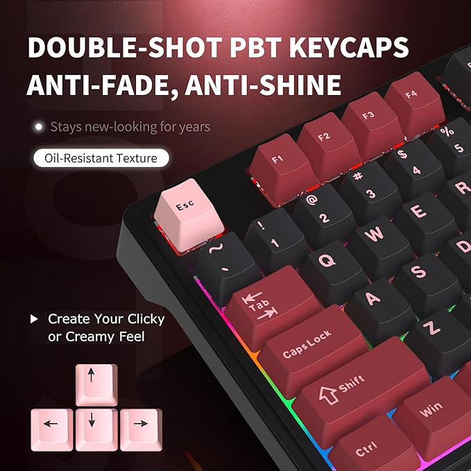 98% Wireless/Wired Membrane Keyboard for Gaming/Officewith knob4000mAh BatteryBT5.0/2.4G/USB-CRGB Backlit PBT KeycapsCompatible with PC/MacBonus Keycaps 2 Sets(8 Each)Computer Keyboard