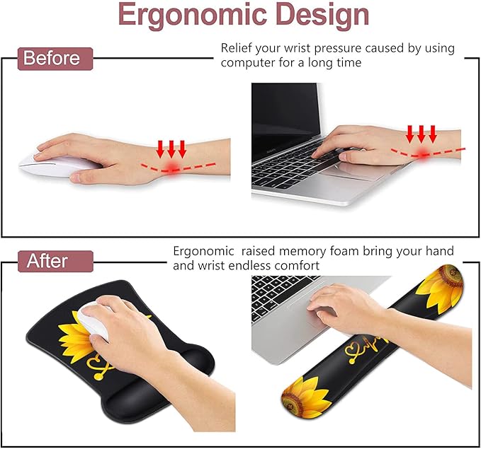 Mouse Pad Wrist Guard and Keyboard Wrist Rest Ergonomic Wrist Protection Non-Slip Rubber Base Mouse Pad Sunflower and ECG Stethoscope Pattern Personalized Fashionable Black Office Accessories