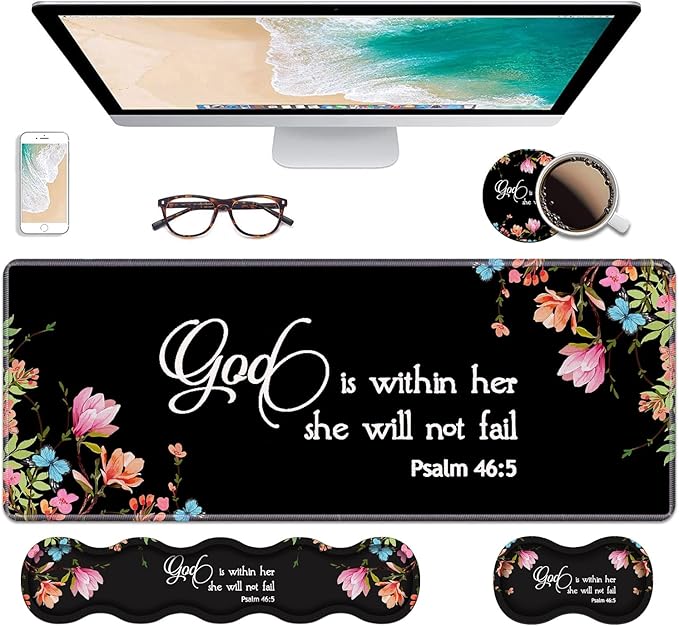 Ergonomic Keyboard Wrist Rest &amp Mouse Pad Wrist Rest SetLarge Gaming Desk Mat 31.5x 11.8 with Non-Slip BaseMemory FoamEasy Typing Pain Relief for Home &amp OfficeFloral Quote Bible Verse Ps