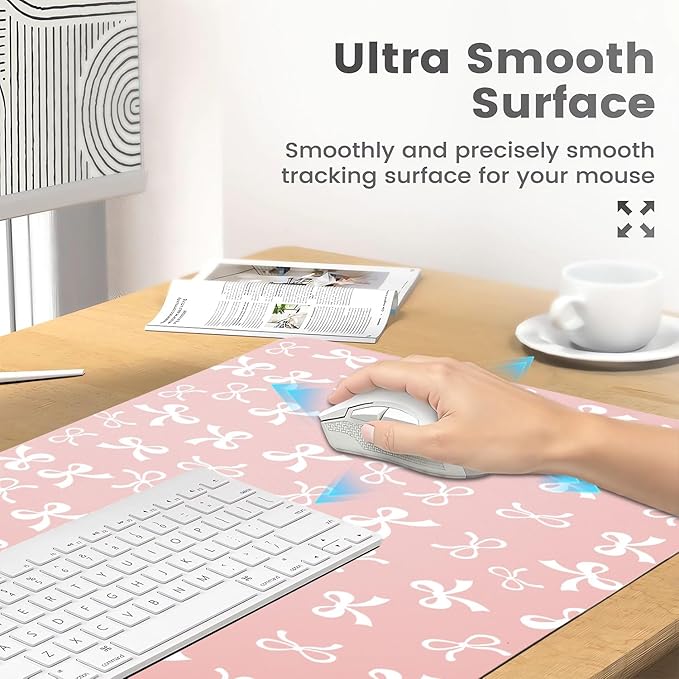 Cute Pink Bow Office Desk Mat 23.6''X11.8''Aesthetic Bowknot Desktop Mat Pu Leather Large Mouse Pad Trendy Kawaii Mousepad Non-Slip Table Mat for Girls Women Home Work Computer Game