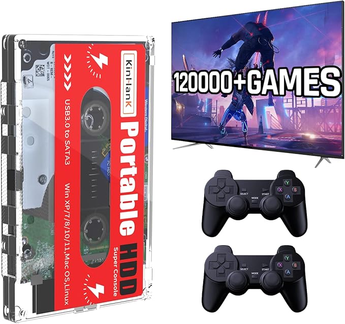 Kinhank 2T HDD Portable External Game Hard Drive Built-in 120000+ Games Batocera 33 System Compatible with 70+ Classic Emulators Support for Windows/Laptop/PC/Mac 2 Wireless Controllers