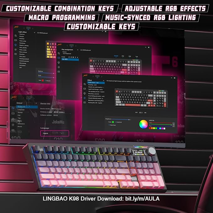 LINGBAO K98 PRO Mechanical Keyboard Wireless with Screen &amp KnobRGB Gaming Keyboard Tri-Mode BT5.0/2.4GHz/USB-C Gasket Mount Hot-Swappable Linear Switches Gamer Keyboards for PC/Mac/Linux/Andro