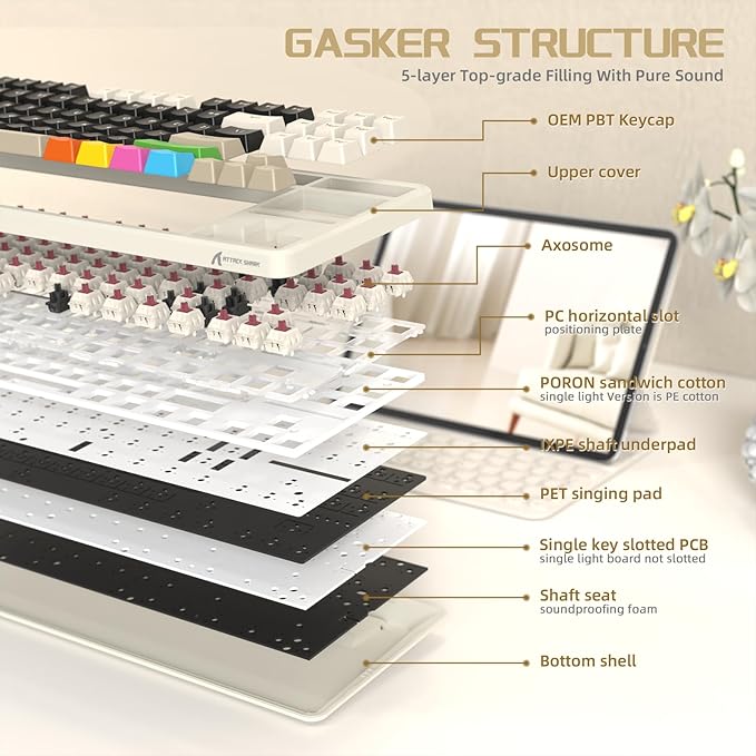 ATTACK SHARK X87 80% Wireless Mechanical Keyboard&ampColored KeycapsHot-Swap Gasket RGB Backlit 4000mAhPre-lubed Linear Switch PBT Keycap BT/2.4G/USB-C Gaming Keyboard for PC/MAC-Black(White&amp8