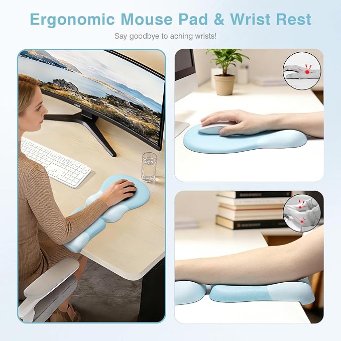 Ospelelf Mouse Pad with Wrist Rest Set Foam L-Shaped Desk Elbow Pad Ergonomic Desk Edge Cushion Anti-Slip Rubber Bottom Office Women Desk Accessories for Computer Laptop and Gaming Blue