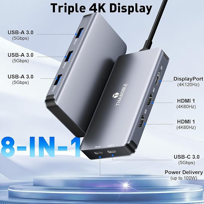 USB C Docking Station Dual Monitor Laptop Docking Station 3 Monitor USB C Hub Dual 4K@60Hz HDMI Display with DisplayPort Port 5Gbps USB-A/C Data Port 100W PD for HP/Dell/Lenovo/Laptop