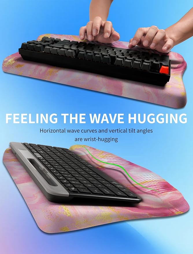 Ergonomic Wave Wrist Rest with Keyboard Stand Cushioned Palm Rest Comfortable Integrated Memory Foam for Natural Typing and Relieve Wrist Pain Pink Gold Marble