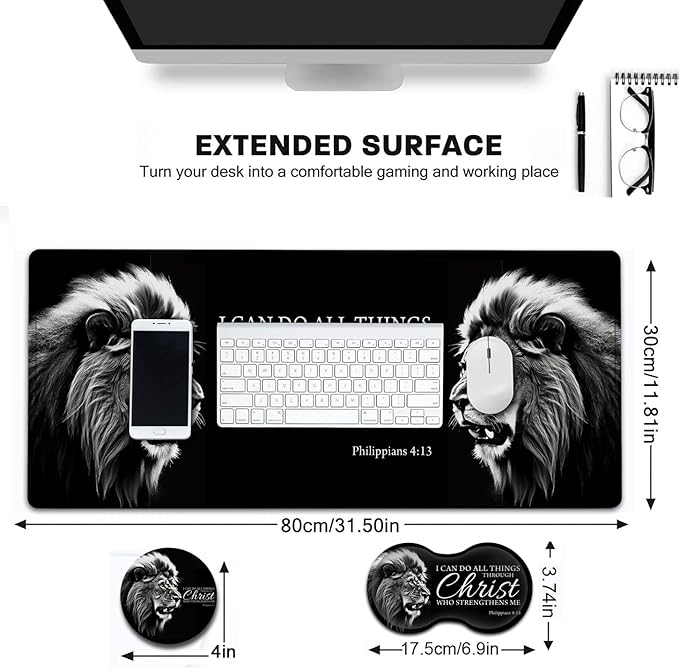 Large Gaming Mouse Pad31.5x11.8in Extended Computer Mouse Mat with Non-Slip PU Base Ergonomic Memory Foam Keyboard Wrist Rest for Work Gaming Fierce Lion Philippians 4:13 Black Office Desk Pad
