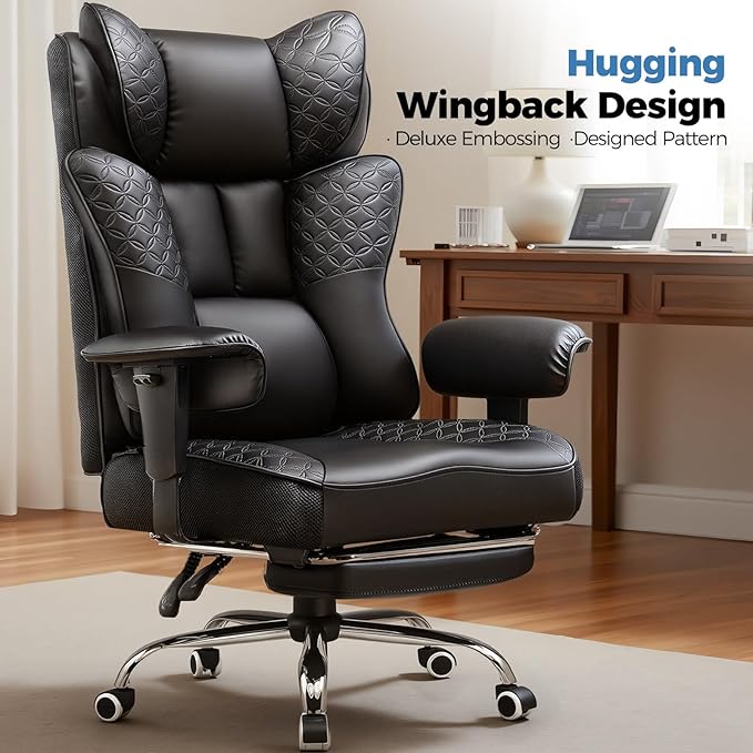 GTPLAYER Big and Tall Office Chair 400LBS Wide Ergonomic Gaming Chair with Deluxe Embossing Designed Leather with Foot Rest150°Reclining Adjustable Soft Armrests Pocket Spring Back Support and Pillow
