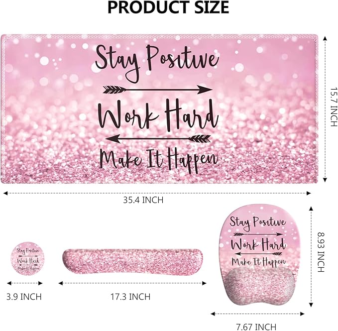 Pink Mouse Pad with Wrist Rest Ergonomic Desk Mat with Stitched Edges Non Slip Wrist Support (Stay Positive)