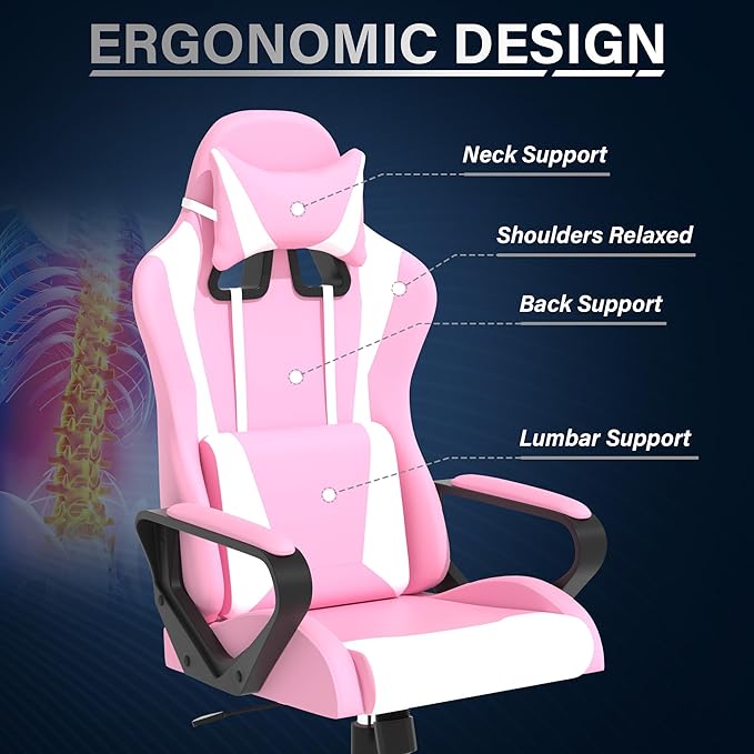 Ergonomic PU Leather Computer ChairHome Office Desk Chair with Adjustable Lumbar SupportExecutive High Back 360°Swivel Rolling Gaming Chairs for Adults(Pink)
