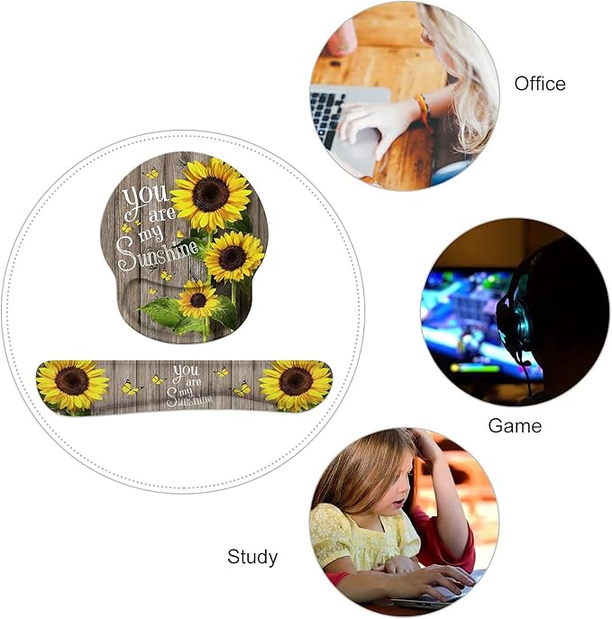 Keyboard Wrist Rest and Mouse Wrist Rest Pad Set with CoastersNon-Slip Rubber Base Ergonomic Gaming Mousepad for Home Office Working Studying Easy Typing &amp Pain Relief You are My Sunshine Sunfl