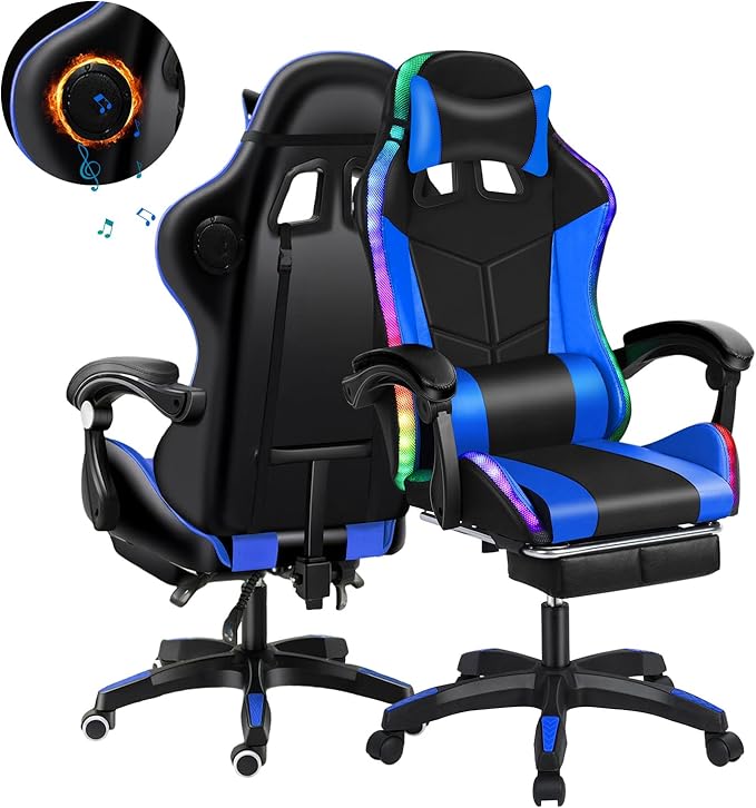 Gamer Chair Gaming Chair with Built-in Speakers &amp LED Light Ergonomic Reclining Chair with Massage Lumbar Support Retractable Footrest Height Adjustable (Dark Blue)