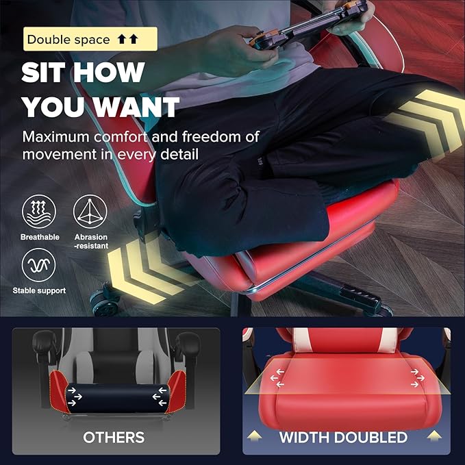 GTPLAYER Gaming Chair Computer Office Chair Lumbar Support Linkage Armrests and Footrest Ergonomic Game Chair for Adults with Extended Backrest Faux Leather Red