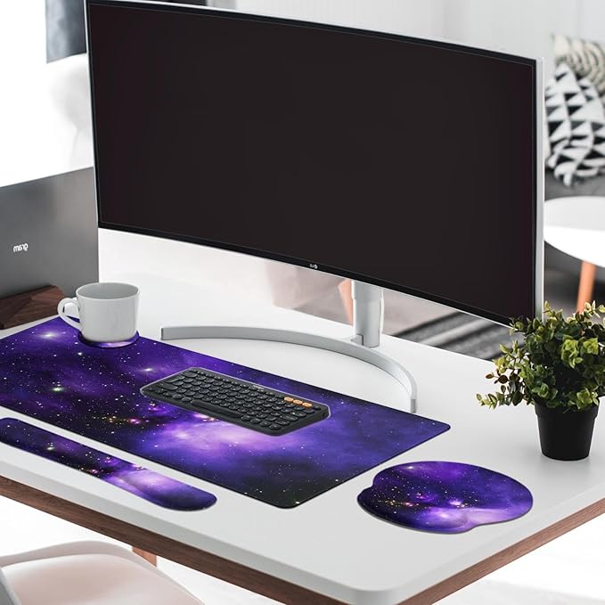 Britimes Space Galaxy Purple Keyboard Mouse Pad Set 4in1 Large Mousepad+Keyboard Wrist Rest+Mouse Wrist Rest+Coaster Ergonomic Design for Home Office Computer 35.4x15.7 inches