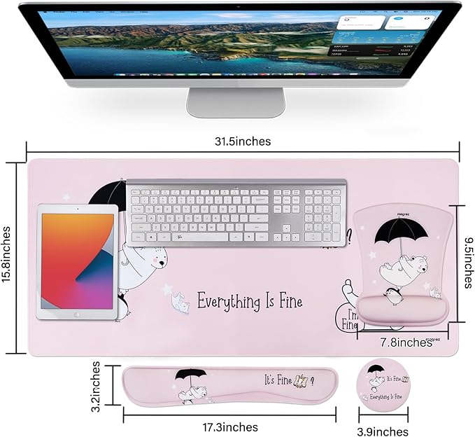 MEGREZ 4-in-1 Ergonomic Memory Foam Wrist Rest Set Desk Pad Mouse Pad with Wrist Rest Keyboard Pad Suitable for Office Workers Programmers &amp Gamers–Relieve Typing &amp Gaming Fatigue Pink